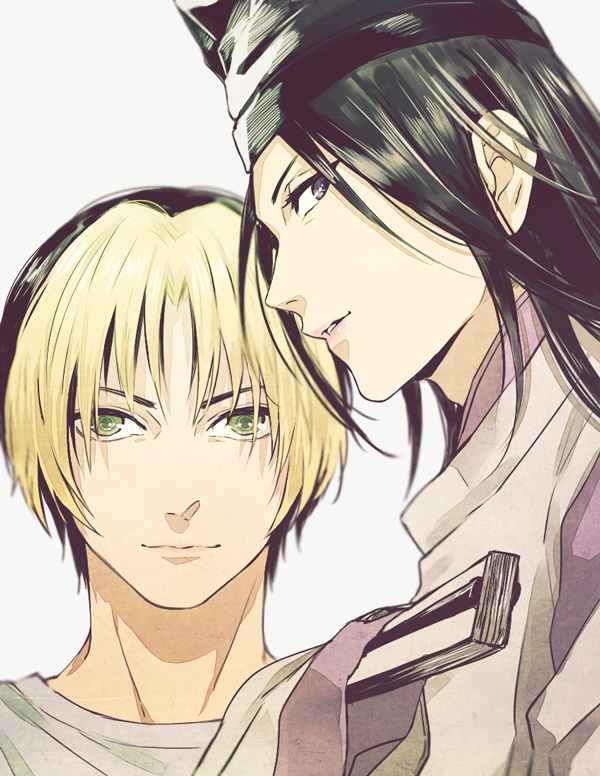 2boys black_eyes black_hair blonde_hair closed_mouth fujiwara_no_sai green_eyes grey_background hikaru_no_go long_hair looking_at_viewer male_focus mo_cha_ri multicolored_hair multiple_boys parted_lips portrait shindou_hikaru short_hair straight_hair two-tone_hair