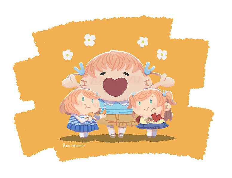 3girls :&gt; :d :t aqua_eyes arms_up asymmetrical_shorts blue_shirt blue_skirt blush border brown_shoes chibi chibi_only child collared_shirt crossed_bangs eating flower_symbol food frilled_shorts frilled_skirt frills fruit full_body hair_ornament heart-shaped_mouth hinoshita_futaba hinoshita_kaho hinoshita_kaho_(summer_casual) hinoshita_minori holding holding_food holding_fruit link!_like!_love_live! love_live! mandarin_orange mandarin_orange_slice medium_hair meidosan multiple_girls open_mouth orange_background orange_hair pleated_skirt rabbit_hair_ornament raglan_sleeves red_sleeves shirt shoes shorts siblings sisters skirt smile socks striped_clothes striped_shirt swept_bangs twins twitter_username two_side_up virtual_youtuber white_border white_socks yellow_shirt