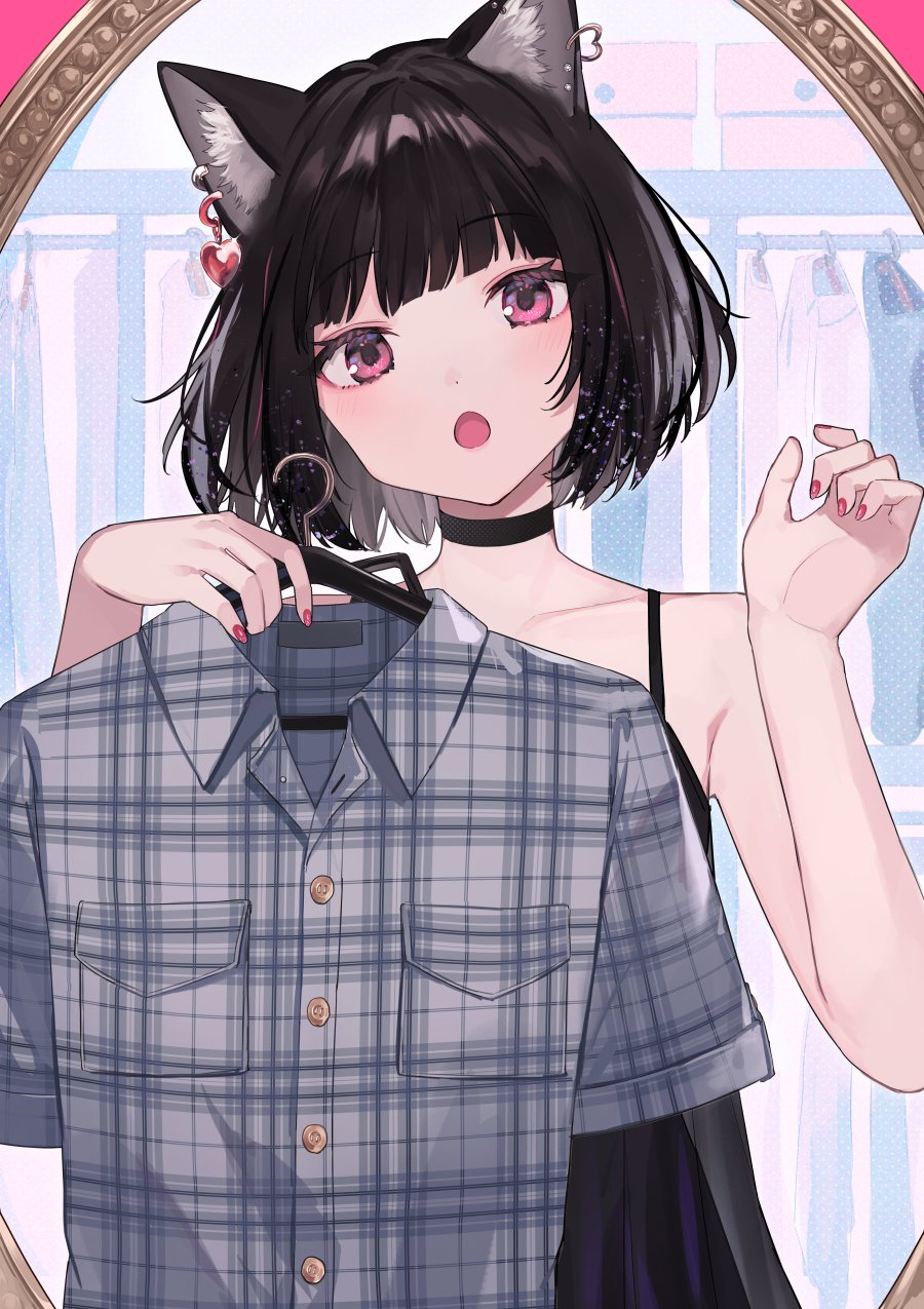 1girl :o animal_ears black_choker black_dress black_hair blunt_bangs blush choker closet clothes_hanger clothes_rack commentary dress earrings grey_shirt hands_up heart heart_earrings highres holding holding_shirt holding_unworn_clothes jewelry mirror open_mouth original pink_eyes pink_nails plaid_clothes plaid_shirt shirt short_hair shugao solo unworn_clothes unworn_shirt upper_body