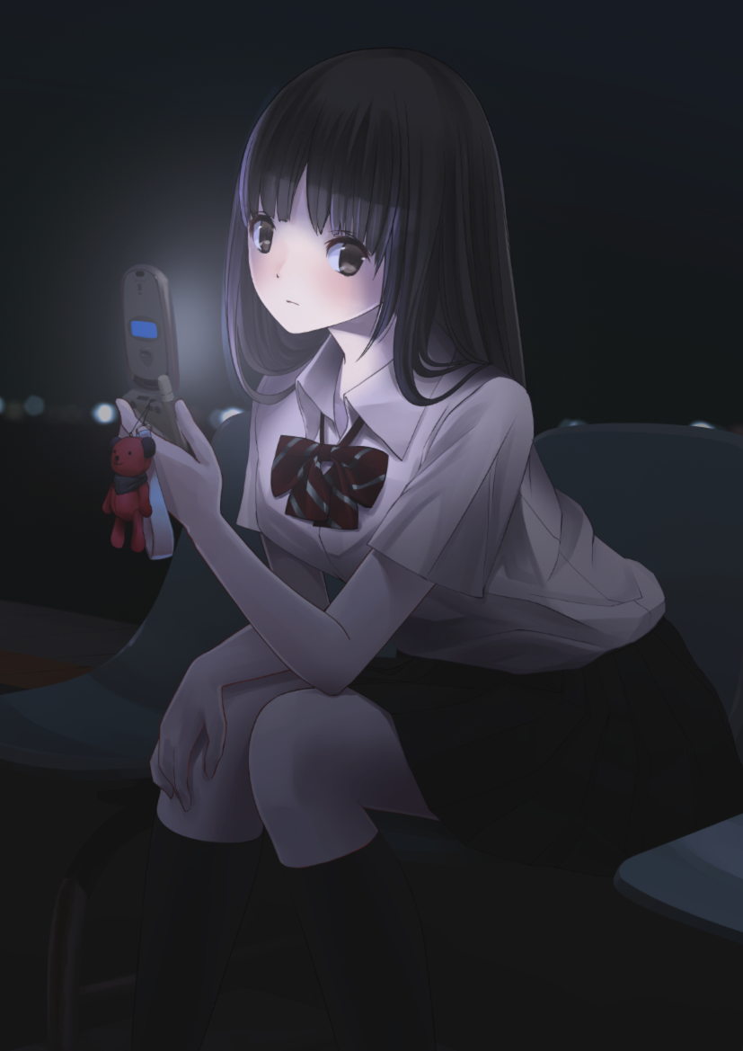 1girl bad_id bad_pixiv_id black_hair brown_eyes cellphone chikuwa_(glossymmmk) chikuwa_(odennabe) darkness female_focus long_hair phone school_uniform solo
