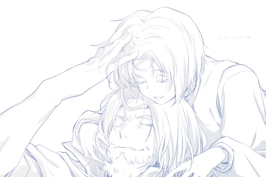 1boy 1girl beard closed_mouth commentary couple dated closed_eyes facial_hair fog_(tales) hand_on_another&#039;s_head hetero husband_and_wife kybanchou long_sleeves lysithea_(tales) monochrome headpat short_hair sketch tales_of_(series) tales_of_eternia