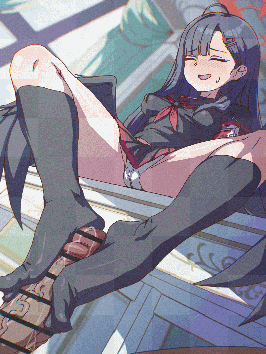 1girl animated animated_gif bar_censor barefoot black_hair black_serafuku black_skirt black_socks black_wings blue_archive blue_eyes blush cameltoe censored closed_eyes cum ejaculation erection feet footjob funen_gomi_m glansjob hair_ornament hairclip half-closed_eyes ichika_(blue_archive) long_hair open_mouth panties pantyshot penis pleated_skirt post_orgasm_torture precum school_uniform serafuku skirt smile sock_on_penis sockjob socks toes two-footed_footjob underwear unworn_socks veins veiny_penis white_panties wings