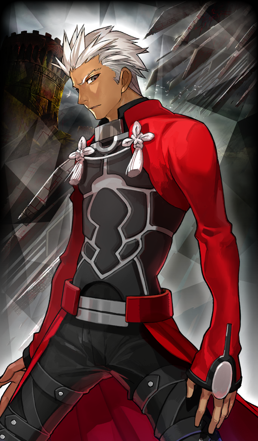 1boy archer_(fate) black_pants black_shirt commentary cowboy_shot cropped_jacket dark-skinned_male dark_skin fate/extella fate/extra fate/grand_order fate_(series) grey_eyes jacket long_sleeves looking_at_viewer male_focus official_art pants red_jacket shirt short_hair solo third-party_source v-shaped_eyebrows wada_arco waist_cape white_hair