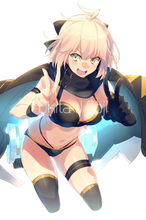 1girl ahoge bare_shoulders bikini black_bikini black_bow black_gloves black_scarf black_thighhighs blonde_hair bow breasts character_name cleavage double_v echo_(circa) elbow_gloves fate/grand_order fate_(series) gloves hair_bow half_updo highleg highleg_bikini jetpack large_breasts looking_at_viewer okita_j._souji_(fate) okita_j._souji_(first_ascension)_(fate) okita_souji_(fate) open_mouth scarf short_hair single_glove smile solo swimsuit thigh_strap thighhighs thighs v wristband yellow_eyes