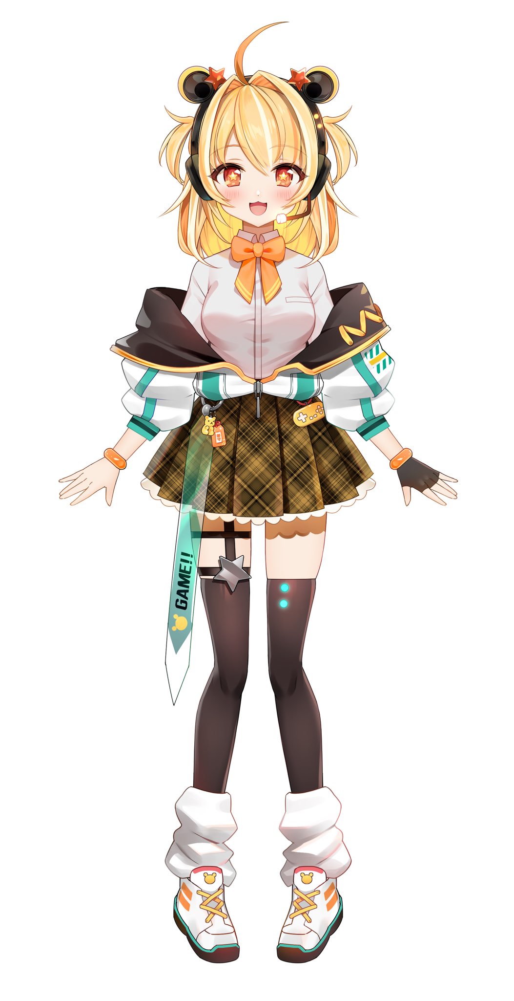 1girl :3 :d ahoge animal_ears bear_charm bear_ears black_gloves black_jacket black_thighhighs blonde_hair blush bow bowtie collared_shirt commentary_request controller fake_animal_ears fingerless_gloves full_body game_controller gloves gold_trim hair_intakes hair_ornament headphones headset highres jacket kumaboshi_mahiru leg_warmers legwear_garter luna_nyann medium_hair microphone multicolored_hair off_shoulder official_art open_mouth orange_bow orange_bowtie orange_eyes orange_hair plaid_clothes plaid_skirt pleated_skirt puffy_sleeves raised_eyebrows second-party_source shirt shoes sidelocks simple_background single_fingerless_glove single_glove skindentation skirt smile sneakers solo standing star-shaped_pupils star_(symbol) star_hair_ornament streaked_hair symbol-shaped_pupils tachi-e thigh_strap thighhighs two-sided_fabric two_side_up virtual_youtuber wactor_production white_background white_jacket white_shirt white_shoes wing_collar zettai_ryouiki zipper_pull_tab