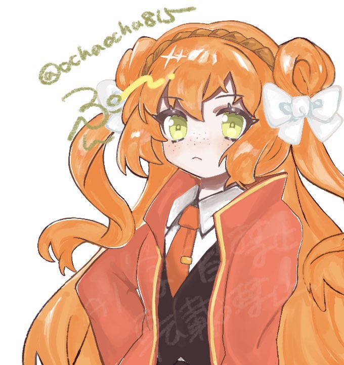 1girl black_vest bow closed_mouth collared_shirt double_bun freckles freediving gold_trim hair_bow hair_bun ishmael_(project_moon) jacket limbus_company liu_association_south_uniform long_hair long_sleeves necktie ochaocha815 orange_hair project_moon red_jacket red_necktie shirt sidelocks simple_background solo tie_clip two_side_up very_long_hair vest wavy_hair white_background white_bow white_shirt