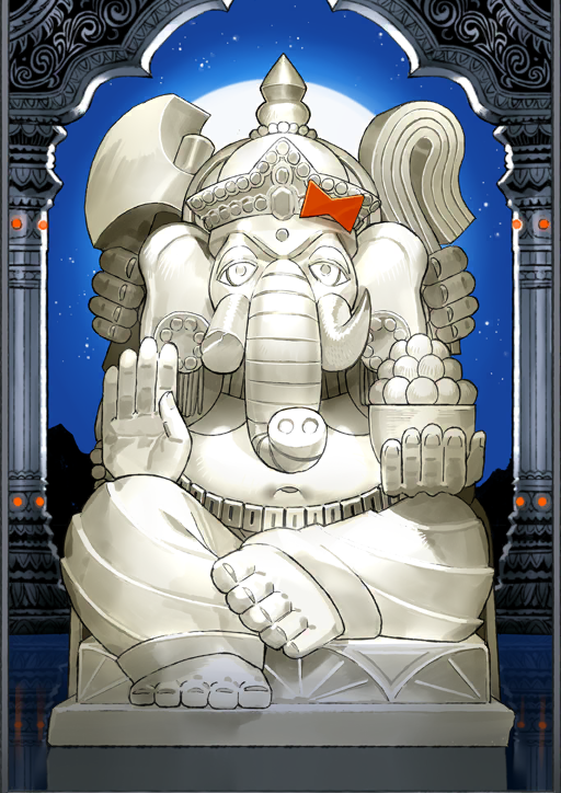 animal_head bow elephant extra_arms fate/grand_order fate_(series) full_moon game_cg great_stone_statue_god_(fate) moon no_humans official_art red_bow statue third-party_source wada_arco