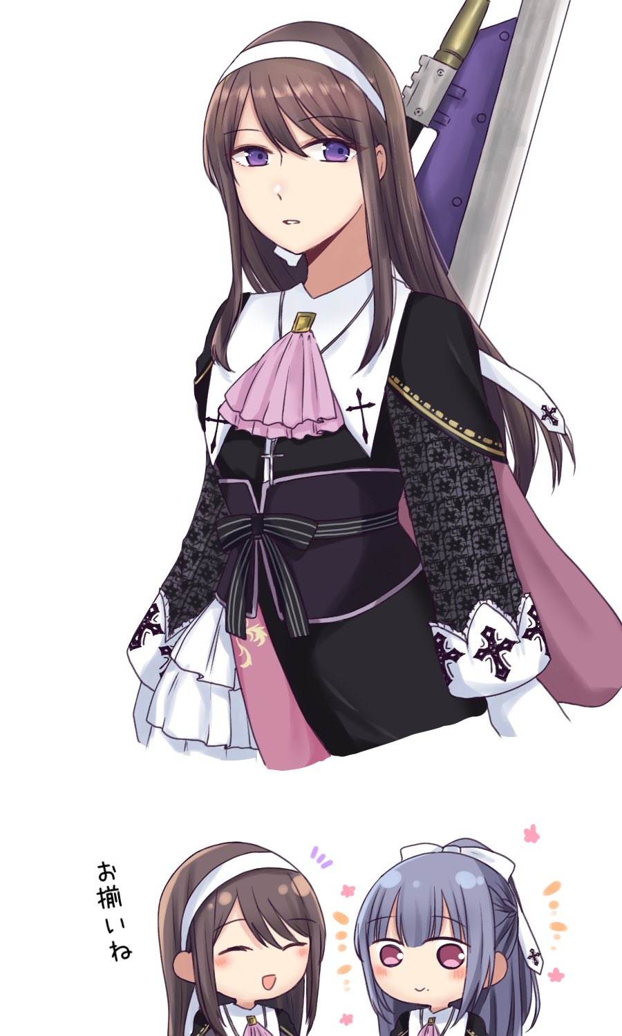 2girls :d ^_^ adapted_costume arms_at_sides ascot assault_lily asymmetrical_clothes black_capelet black_dress blush bow brown_hair cape capelet chibi closed_eyes commentary cowboy_shot cropped_legs cross cross_necklace cross_print dress flower_symbol frilled_dress frilled_sleeves frills fukuyama_jeanne_sachie gloves grey_hair hair_bow hair_ribbon hairband half_updo highres jewelry kishimoto_maria_mirai latin_cross layered_dress long_hair long_sleeves looking_ahead looking_at_viewer matching_outfits mole mole_under_mouth multiple_girls multiple_views necklace nigari_(ngari_0115) no_pupils notice_lines official_alternate_costume open_mouth parted_lips pink_ascot pink_cape pink_eyes print_dress print_ribbon purple_eyes ribbon sidelocks smile standing translated two-tone_dress underbust upper_body weapon weapon_on_back white_bow white_dress white_gloves white_hairband white_ribbon