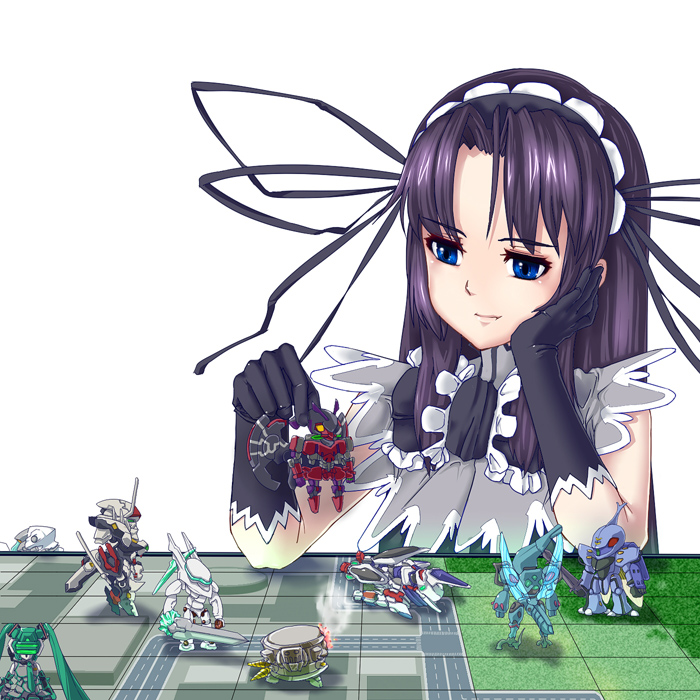 00s 10s 1girl banpresto black_hair blue_eyes board_game chibi demonbane demonbane_(mecha) doctor_east dunbine etheldreda fei-yen female_focus gloves hand_on_own_cheek hand_on_own_face hatsune_miku headband holding kurogane_no_linebarrel liber_legis linebarrel long_hair mark_sein mecha metatron playing ribbon robot seisenshi_dunbine simple_background smirk solo soukyuu_no_fafner super_robot_wars super_robot_wars_ux toy virtual_on vocaloid white_background