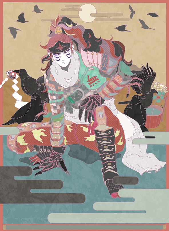 1boy armor bird colored_skin crow fuuma_kotarou gauntlets grey_skin kotaro_fuuma long_hair male_focus moon ponytail red_hair sengoku_musou
