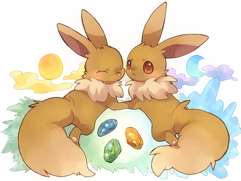 animal_focus blush brown_eyes closed_eyes closed_mouth crescent eevee evolution_stone evolutionary_stone fire_stone game_freak gen_1_pokemon lying moka-momaka moon nintendo pokemon pokemon_(creature) simple_background smile sun tail thunder_stone tongue tongue_out water_stone white_background