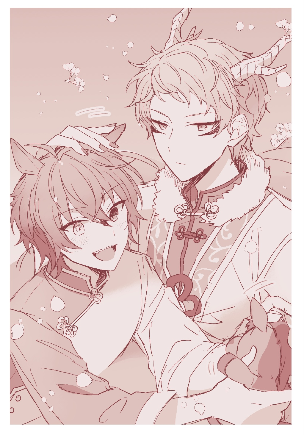 2boys animal_ears bishounen border chinese_clothes chinese_knot closed_mouth dragon_horns ensemble_stars! expressionless falling_petals fang fur_collar gradient_background hair_between_eyes hand_on_another&#039;s_head hand_up happy head_rub heterochromia highres holding holding_stuffed_toy horns horse_ears itsuki_shu jacket k78m kagehira_mika kemonomimi_mode layered_clothes looking_ahead looking_at_object male_focus mandarin_collar mark_under_both_eyes monochrome motion_lines multicolored_jacket multiple_boys nail_polish official_alternate_costume open_mouth pankou petals pink_theme short_hair sleeves_past_wrists stuffed_animal stuffed_horse stuffed_toy teeth two-tone_jacket upper_teeth_only white_border