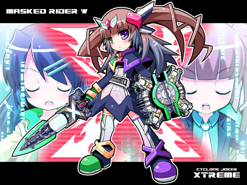 3girls fusion genderswap genderswap_(mtf) heterochromia hidari_shoutarou kamen_rider kamen_rider_double kamen_rider_w multicolored_hair multiple_girls philip philip_(kamen_rider) rider-tan shield sword weapon yuuno