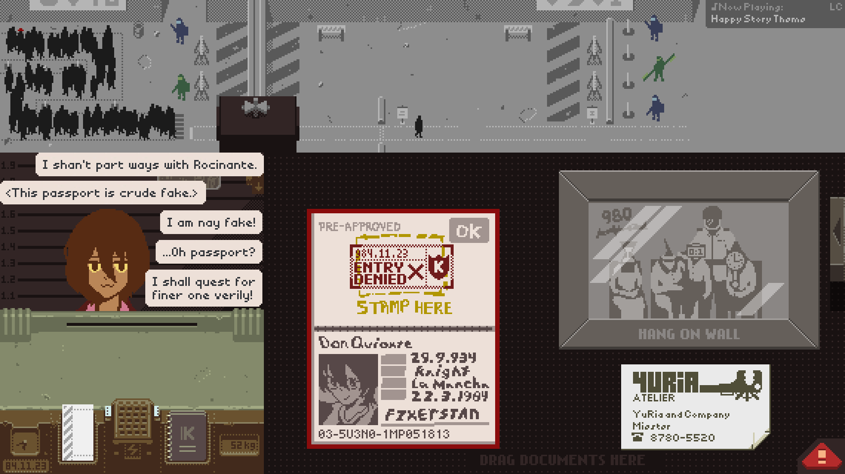 1girl :3 don_quixote_(project_moon) english_text fake_screenshot gameplay_mechanics half-closed_eyes highres limbus_company medium_hair papers_please passport picture_frame project_moon redm0e road