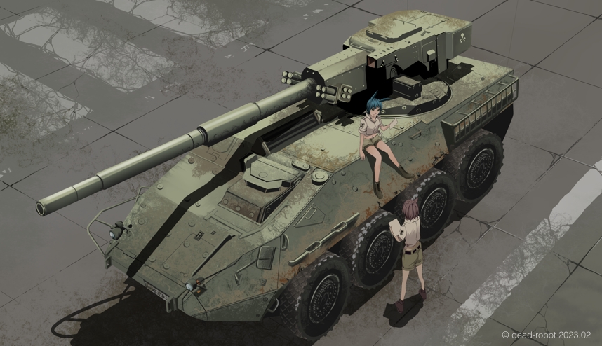 2girls armored_personnel_carrier armored_vehicle blue_hair brown_footwear brown_hair brown_shirt collared_shirt day dead-robot green_shorts military military_vehicle motor_vehicle multiple_girls original outdoors shirt short_hair shorts sitting stryker_(afv)
