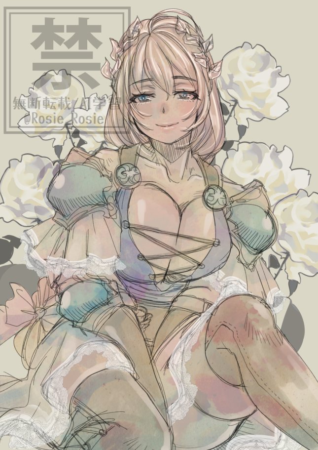 1girl blonde_hair blue_eyes blush breasts cleavage cowboy_shot large_breasts long_hair looking_at_viewer missing_commentary muted_color namco rosie_rosie simple_background sitting smile solo sophitia_alexandra soul_calibur soulcalibur soulcalibur_vi twitter_username watermark