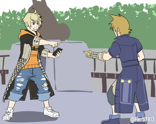2boys black_coat blonde_hair blue_coat brown_eyes cellphone coat crossover final_fantasy foliage gauntlets holding holding_phone hood hoodie kanade_rindo lann_(world_of_final_fantasy) long_coat male_focus marvel meme multiple_boys orange_hoodie outdoors phone pointing pointing_spider-man_(meme) shin_subarashiki_kono_sekai smartphone spider-man_(series) statue subarashiki_kono_sekai twitter_username world_of_final_fantasy