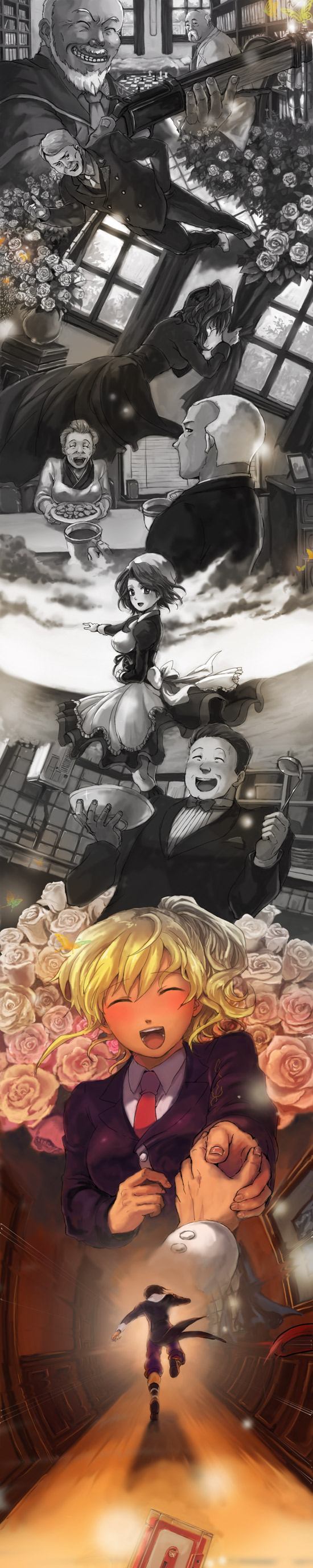 07th_expansion 4girls 6+boys absurdres blonde_hair bug butterfly chessboard flower formal_clothes furutachirikonbu gouda_toshirou gun holding_hands highres bug kanon_(umineko) kumasawa_chiyo long_image maid monochrome multiple_boys multiple_girls nanjou_terumasa necktie no_naku_koro_ni_(series) ponytail ronoue_genji shannon_(umineko) skirt suit tall_image umineko_no_naku_koro_ni ushiromiya_jessica ushiromiya_kinzou ushiromiya_krauss ushiromiya_natsuhi weapon