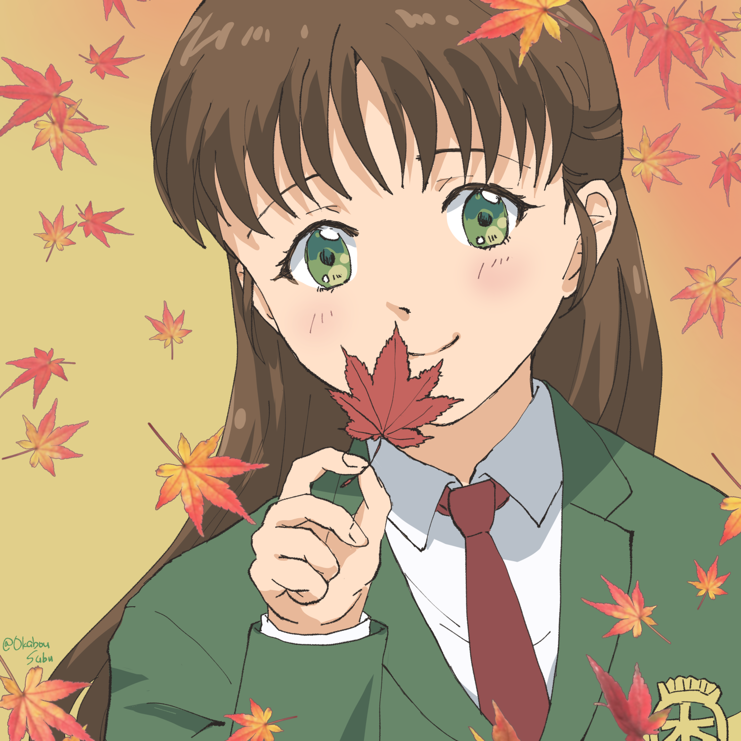 1girl blazer blue_seed brown_hair fujimiya_momiji green_eyes highres jacket long_hair name_connection necktie okabou school_uniform smile solo upper_body