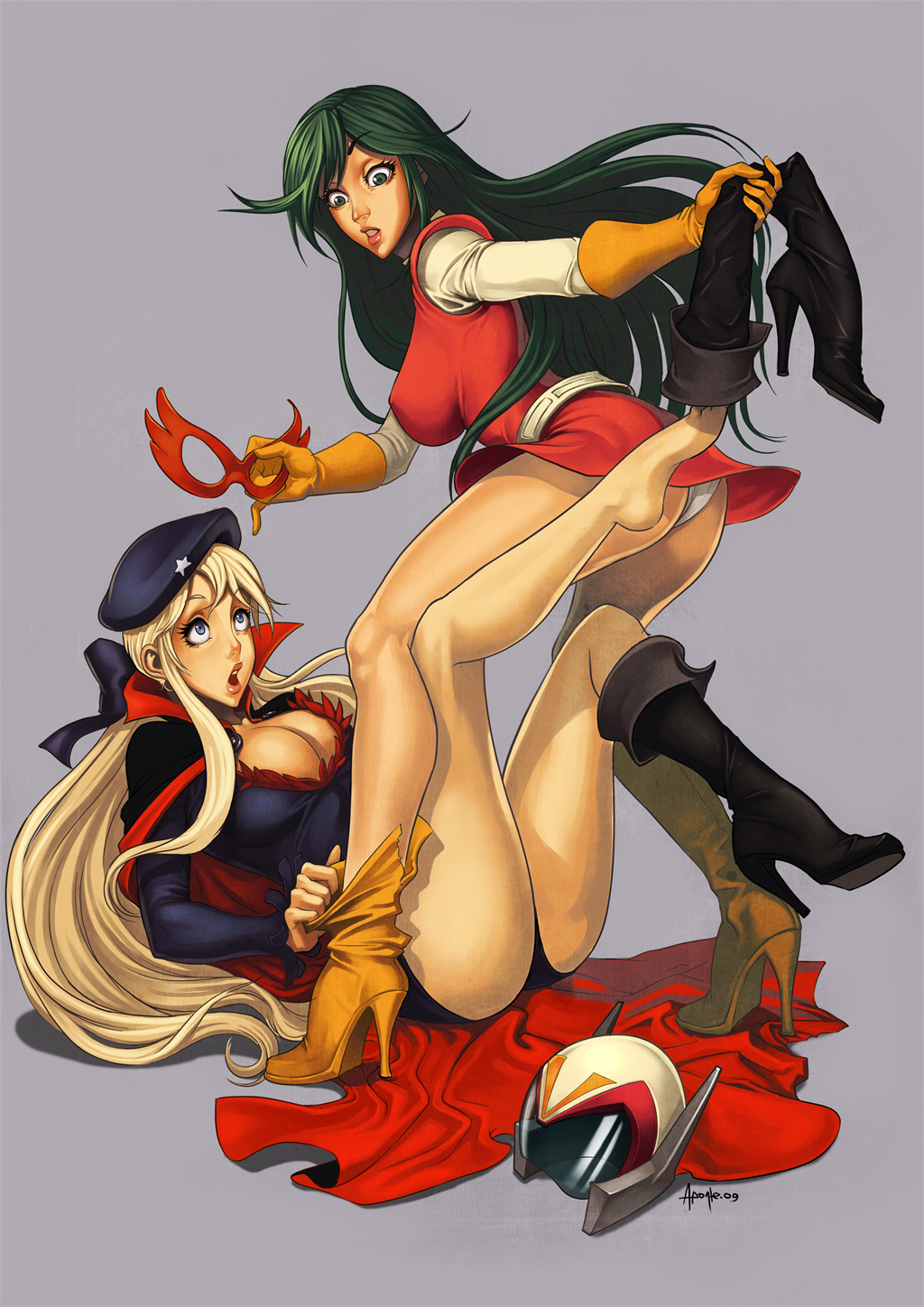 1970s_(style) 2girls barefoot beret black_footwear blonde_hair blue_eyes boots cape choudenji_robo_combattler_v crossover feet felsus gloves green_hair hat helmet high_heel_boots high_heels highres knee_boots la_seine_no_hoshi leotard long_hair mask multiple_girls nanbara_chizuru oldschool panties pantyshot pilot_suit retro_artstyle shoes simone_(la_seine_no_hoshi) single_shoe tearing_clothes torn_clothes underwear undressing unmasking unworn_boot unworn_boots unworn_mask yellow_boots