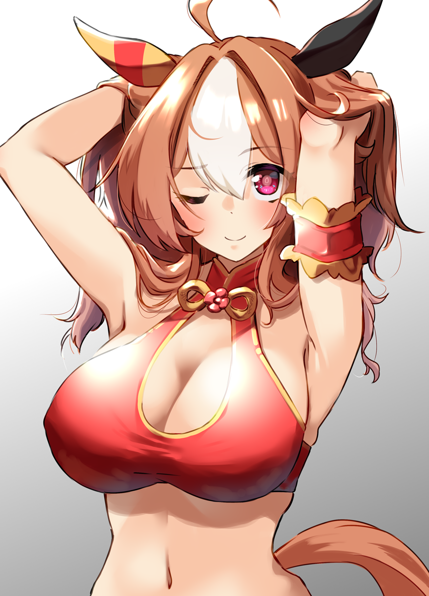1girl ;) ahoge animal_ears armpits arms_up bare_shoulders bikini breasts brown_hair cleavage commentary_request copano_rickey_(umamusume) gradient_background grey_background hands_in_hair horse_ears komb large_breasts long_hair looking_at_viewer navel one_eye_closed purple_eyes red_bikini smile solo stomach swimsuit tail umamusume upper_body white_background