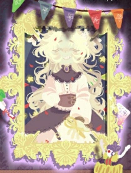 1girl ^_^ arm_behind_back artist_request belt belt_buckle black_background black_belt black_collar black_skirt blonde_hair blurry brown_belt brown_corset buckle closed_eyes collar confetti corset cowboy_shot detached_collar doll dress garland_(decoration) gem giving gold_buckle grin happy high_collar holding holding_scissors lace lace-trimmed_collar lace-trimmed_skirt lace_trim lisette_(pocket_mirror) long_dress long_hair long_sleeves miniskirt multiple_belts open_belt outline outstretched_hand painting_(object) picture_frame pocket_mirror puffy_long_sleeves puffy_sleeves purple_gemstone purple_outline scissors showgirl_skirt skirt smile solo source_request star_(symbol) third-party_source two_side_up very_long_hair wavy_hair white_dress