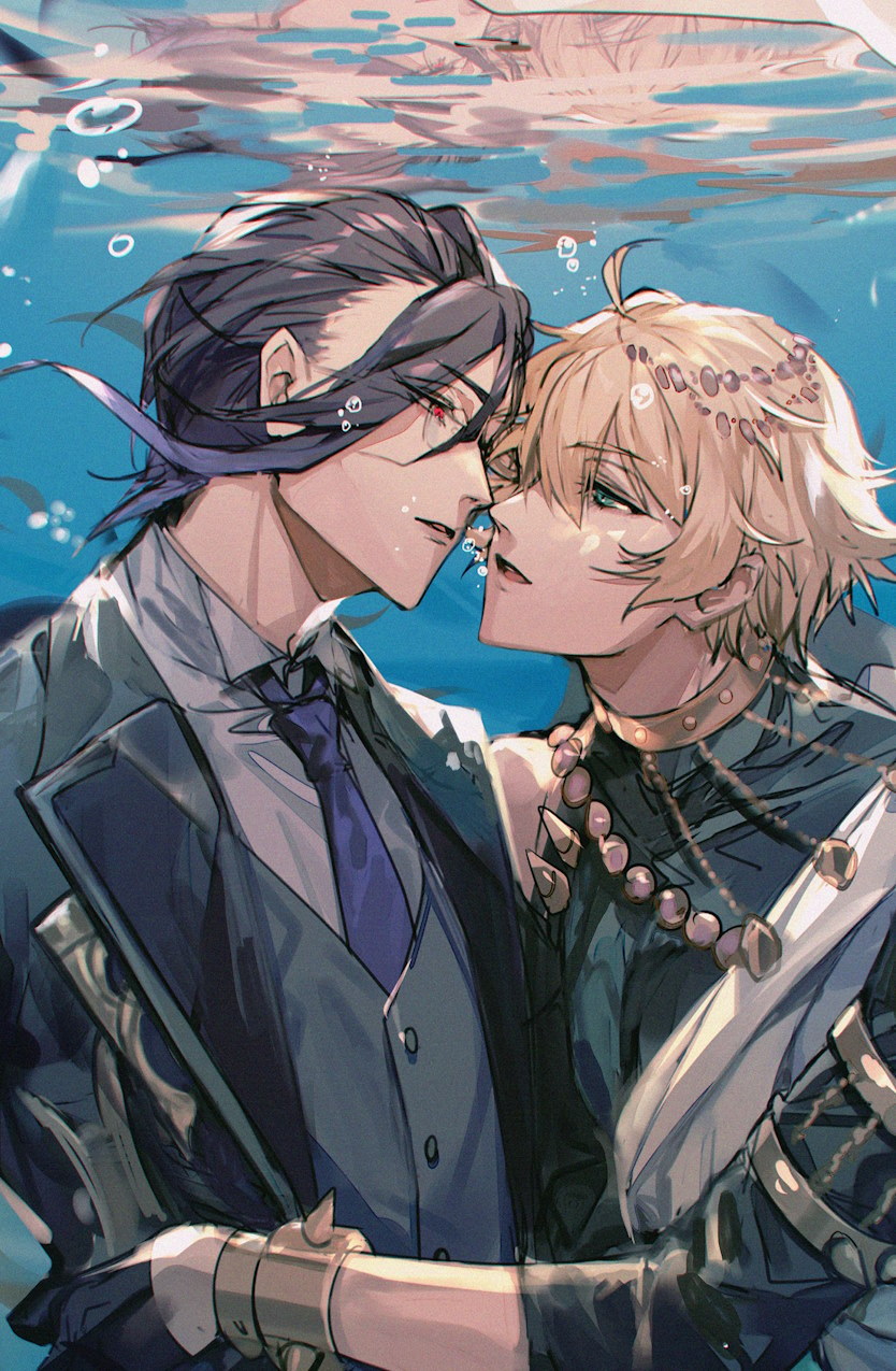 ahoge aladdin_(sinoalice) beads black_gloves blonde_hair blue_eyes bracelet bubble butler buttons choker collared_shirt commission coxxco12 formal_clothes glasses gloves hair_beads hair_ornament hair_slicked_back hameln_(sinoalice) highres hug imminent_kiss jewelry male_focus multicolored_hair necktie open_mouth red_eyes second-party_source shirt short_hair sinoalice skeb_commission two-tone_hair underwater yaoi
