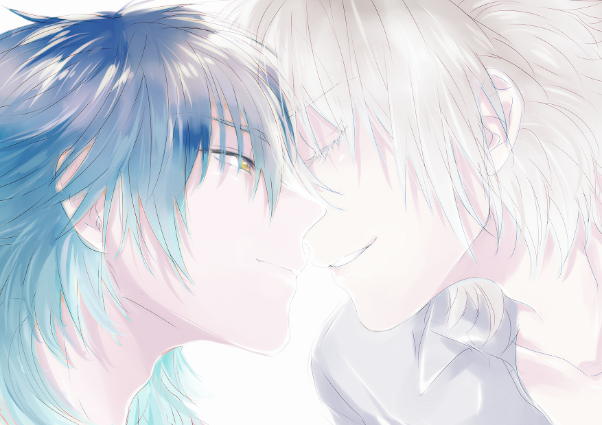 10s 2boys bad_id bad_pixiv_id blue_hair clear_(dramatical_murder) couple dramatical_murder closed_eyes imminent_kiss male_focus multiple_boys seragaki_aoba smile white_hair yaoi yellow_eyes yuta_arata