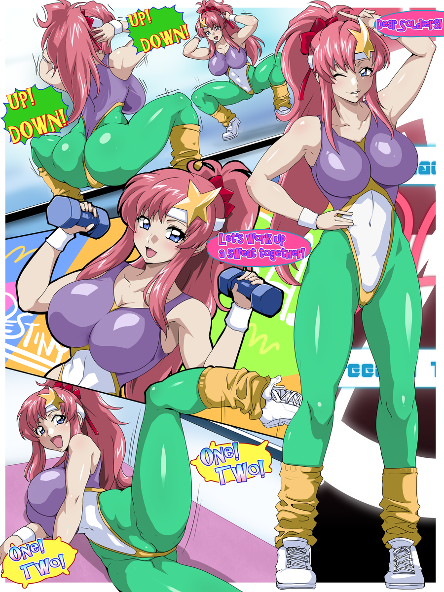 1girl ass breasts cleavage gundam gundam_seed gundam_seed_destiny highres large_breasts long_hair meer_campbell pink_hair raburebo squatting