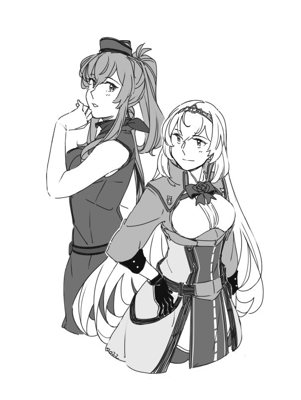 2022 2girls back-to-back belt blush bow breasts closed_mouth collared_coat cropped_legs dress flower gloves greyscale hair_between_eyes hand_on_own_hip kantai_collection long_hair looking_at_viewer looking_to_the_side medium_breasts military military_uniform monochrome multiple_girls open_mouth out_of_frame pelvic_curtain ponytail rose saratoga_(kancolle) scarf sidelocks sleeveless sleeveless_dress smokestack smokestack_hair_ornament standing staring tiara very_long_hair victorious_(kancolle) weidashming white_background