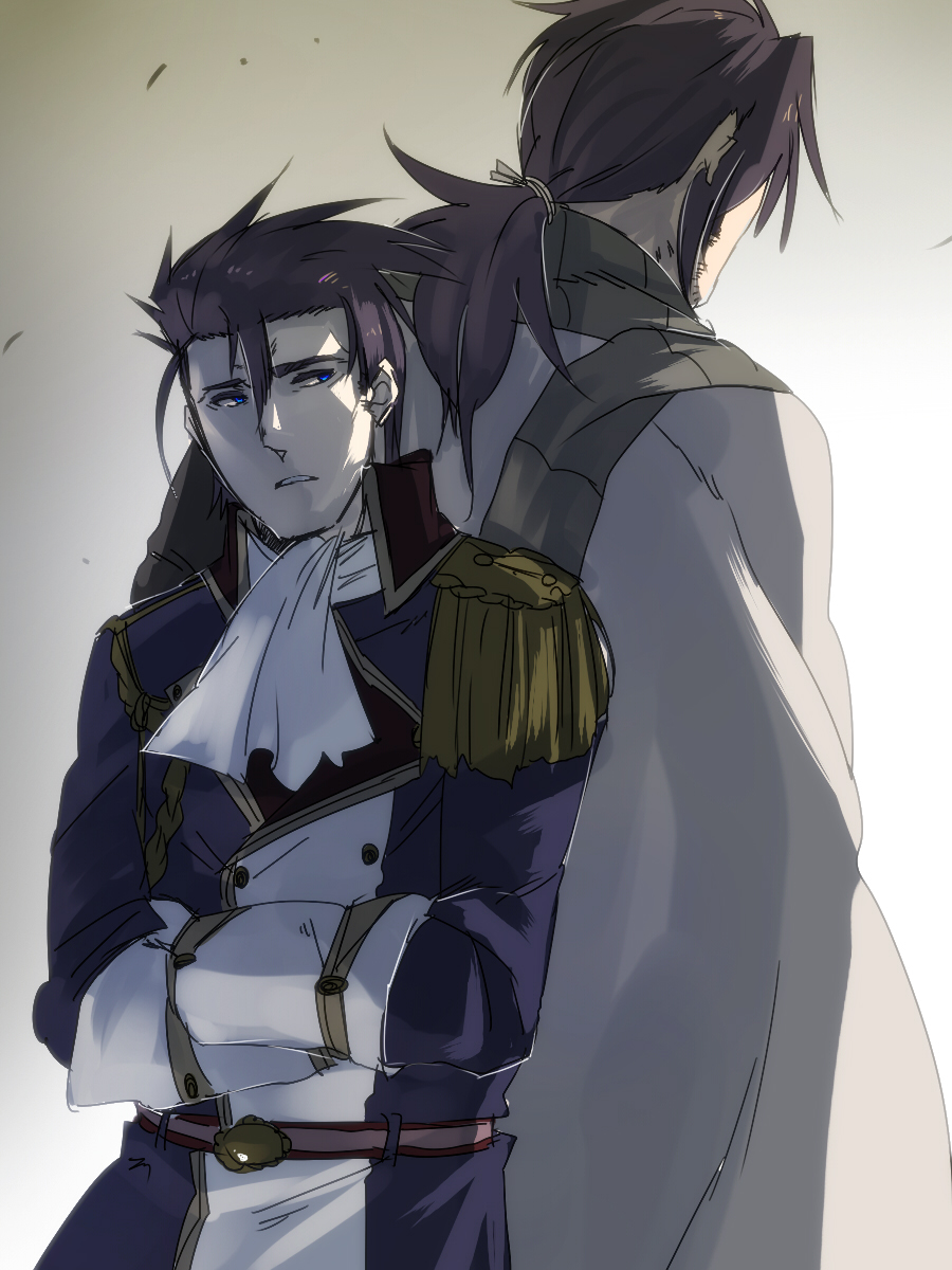 2boys back-to-back black_hair blue_eyes blue_jacket brown_scarf cape crossed_arms facing_away facing_viewer formal_clothes gloves gradient_background gurast highres jacket looking_to_the_side male_focus medium_hair military_uniform multiple_boys neckerchief original ponytail scarf short_hair white_background white_cape white_gloves white_neckerchief worried