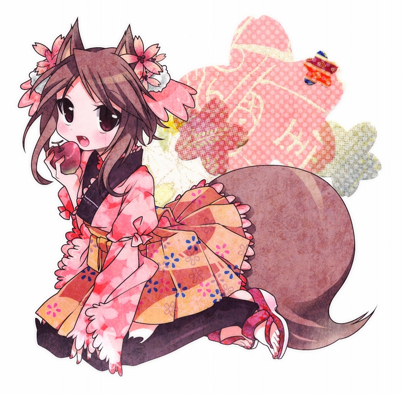 1girl animal_ears apple brown_hair commentary_request fang flower food fruit hair_flower hair_ornament hakama hakama_short_skirt hakama_skirt holding holding_food holding_fruit japanese_clothes kimono long_sleeves open_mouth orange_hakama ouka_miko pink_flower pink_kimono red_nails sandals sate_hatena seiza short_hair_with_long_locks sitting skirt solo tail utau white_sandals wolf_ears wolf_girl wolf_tail