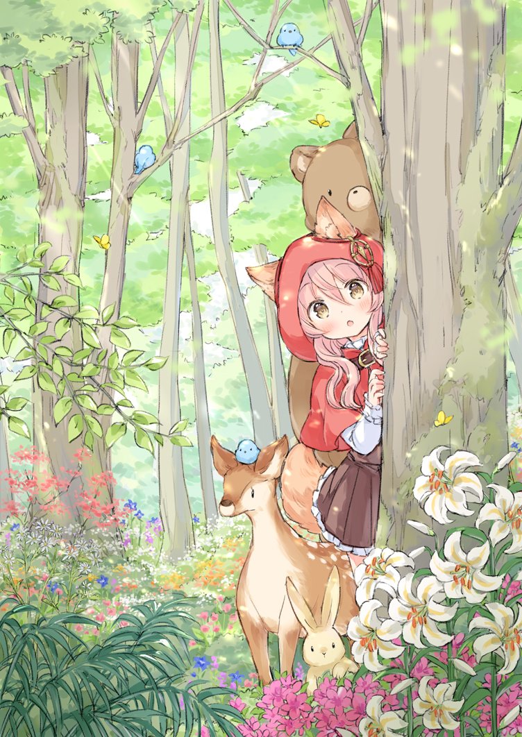 1girl :o animal animal_ears bear bird blush brown_eyes brown_skirt bug butterfly capelet commentary_request deer ears_through_headwear fang flower forest frilled_skirt frills hair_between_eyes hands_up hood hood_up hooded_capelet insect long_sleeves nature original parted_lips peeking_out pink_hair pleated_skirt rabbit red_capelet shirt skirt sleeves_past_wrists solo tail thighhighs tree wataame27 white_flower white_shirt white_thighhighs wolf-chan_(wataame27) wolf_ears wolf_girl wolf_tail