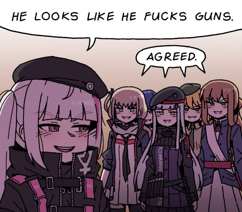 beret black_coat black_hat blonde_hair blue_coat blue_eyes blue_hair blue_jacket blush brown_eyes brown_hair character_request coat girls&#039;_frontline grey_hair hat hk416_(girls&#039;_frontline) jacket long_hair long_sleeves m1_garand_(girls&#039;_frontline) mdr_(girls&#039;_frontline) mdrbestbullpup one_side_up pantyhose pleated_skirt she_looks_like_she_fucks_human_men_(meme) short_hair skirt smile speech_bubble springfield_(girls&#039;_frontline) st_ar-15_(girls&#039;_frontline) thighhighs very_long_hair white_devils_agreed_meme white_hair white_skirt yellow_eyes