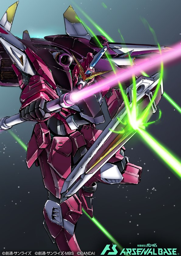 energy_sword copyright_name flying gundam gundam_arsenal_base gundam_seed head_tilt holding holding_shield holding_sword holding_weapon justice_gundam laser logo looking_at_viewer looking_down mecha moyashi_koubou robot shield solo space sword v-fin weapon