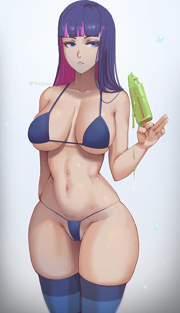 1girl :c bad_id bad_twitter_id bikini blue_eyes blue_hair breasts eyelashes food half-closed_eyes large_breasts looking_at_viewer micro_bikini narrow_waist panty_&amp;_stocking_with_garterbelt phat_smash pink_hair popsicle signature simple_background solo stocking_(psg) striped_clothes striped_thighhighs swimsuit thick_thighs thighhighs thighs toned twitter_username wide_hips