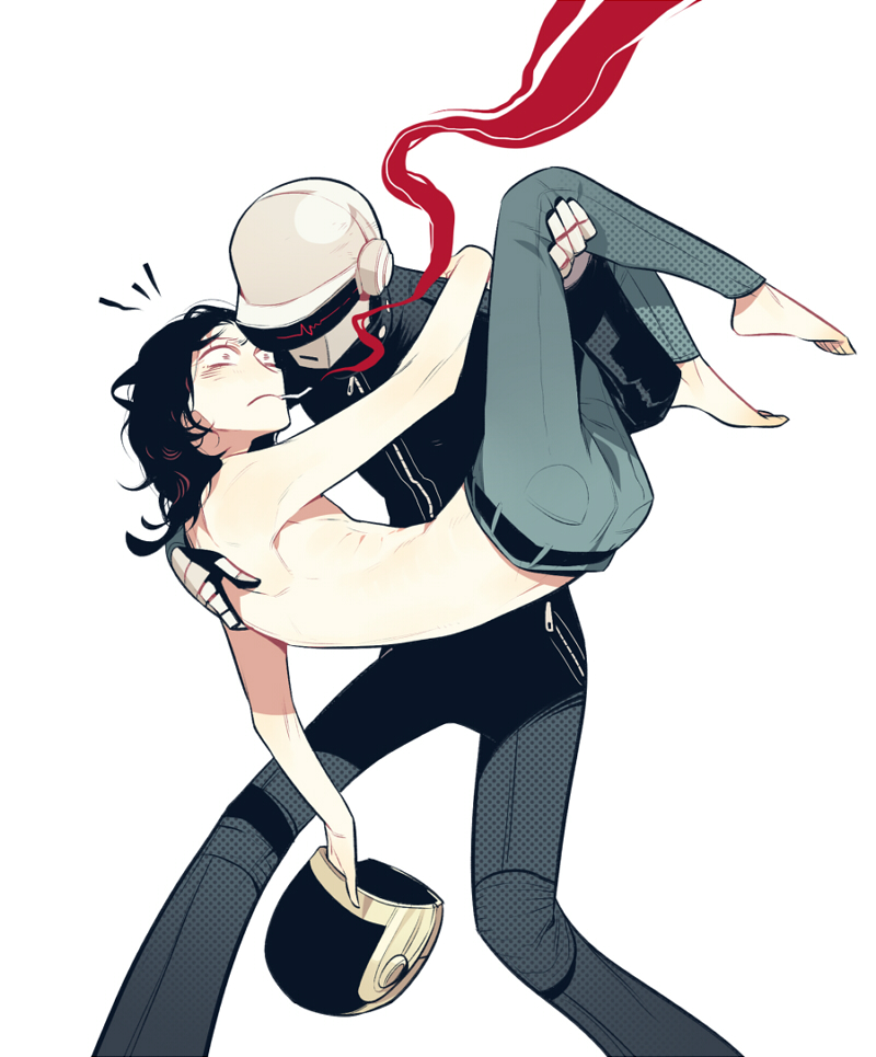 2boys ^^^ aged_down bad_id bad_pixiv_id bags_under_eyes carrying cigarette daft_punk guy_manuel_de_homem-christo unworn_headwear helmet unworn_helmet jotman male_focus multiple_boys princess_carry simple_background smoke thomas_bangalter topless_male white_background yaoi