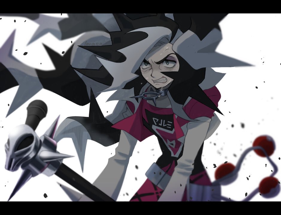 1boy belt bike_shorts black_hair blurry clenched_teeth commentary_request cropped_jacket eyeshadow floating_hair furrowed_brow green_eyes grey_eyeshadow gym_leader im_i_masa jacket letterboxed long_hair makeup male_focus microphone microphone_stand multicolored_hair nintendo pale_skin piers_(pokemon) pokemon pokemon_swsh shirt solo teeth two-tone_hair white_background white_hair white_jacket
