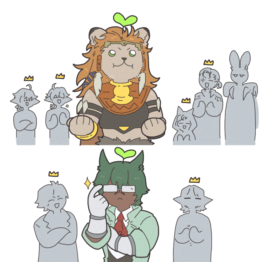 3girls 6+boys :3 adjusting_eyewear alisaie_leveilleur alphinaud_leveilleur animal_ears cat_ears dark-skinned_male dark_skin erenville ff14monday final_fantasy final_fantasy_xiv gameplay_mechanics glasses green_eyes hrothgar hyur koana_(ff14) krile_baldesion_(ff14) lalafell lion_ears lion_girl miqo&#039;te multiple_boys multiple_girls orange_hair pointy_ears rabbit_ears thancred_waters upper_body urianger_augurelt viera warrior_of_light_(ff14) wuk_lamat