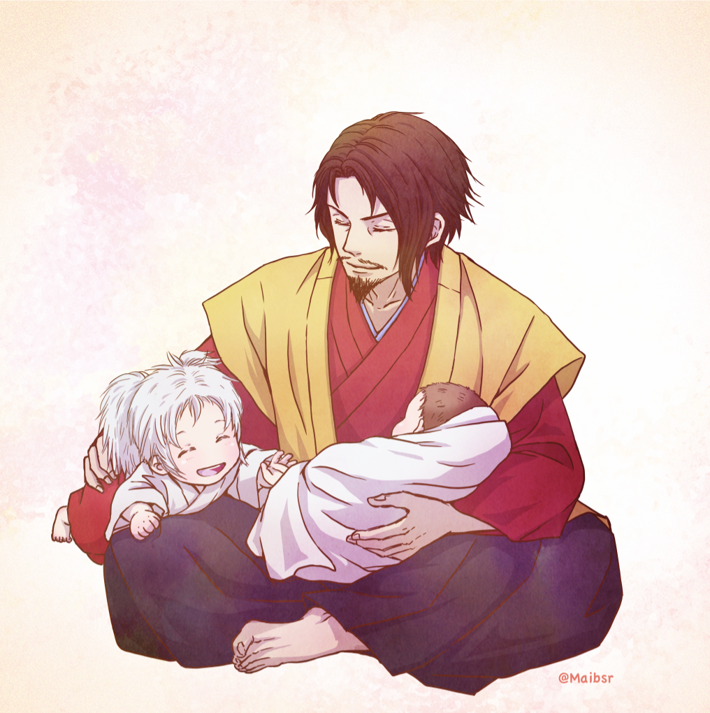 3boys :d ^_^ aged_down baby black_hakama brown_hair closed_eyes facial_hair family goatee hakama indian_style japanese_clothes kataginu kimono mairu0358 male_focus multiple_boys mustache open_mouth reaching reaching_towards_another red_kimono sanada_masayuki_(sengoku_basara) sanada_nobuyuki_(sengoku_basara) sanada_yukimura_(sengoku_basara) sengoku_basara short_twintails simple_background sitting smile twintails white_hair