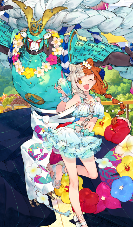 1girl 1other aqua_armor aqua_bikini armor bikini blunt_bangs blush breasts brown_hair cup fate/grand_order fate_(series) flower flower_necklace hair_flower hair_ornament hairband hakama hakama_pants izumo_no_okuni_(fate) japanese_armor japanese_clothes jewelry long_hair looking_at_viewer medium_breasts miniskirt multicolored_hair necklace noco_(adamas) official_art one_eye_closed open_mouth pants sandals sidelocks skirt smile split-color_hair swimsuit two-tone_hair white_hair yellow_eyes zanzaburou_(fate)