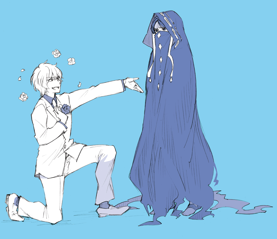 1boy 1girl blue_background collared_shirt fate/strange_fake fate_(series) formal_clothes hair_between_eyes hood hood_up isshoku_(shiki) jester_karture kneeling long_sleeves looking_at_another mask mouth_mask necktie no_name_assassin_(fate) on_one_knee open_mouth pants shirt short_hair simple_background standing white_pants