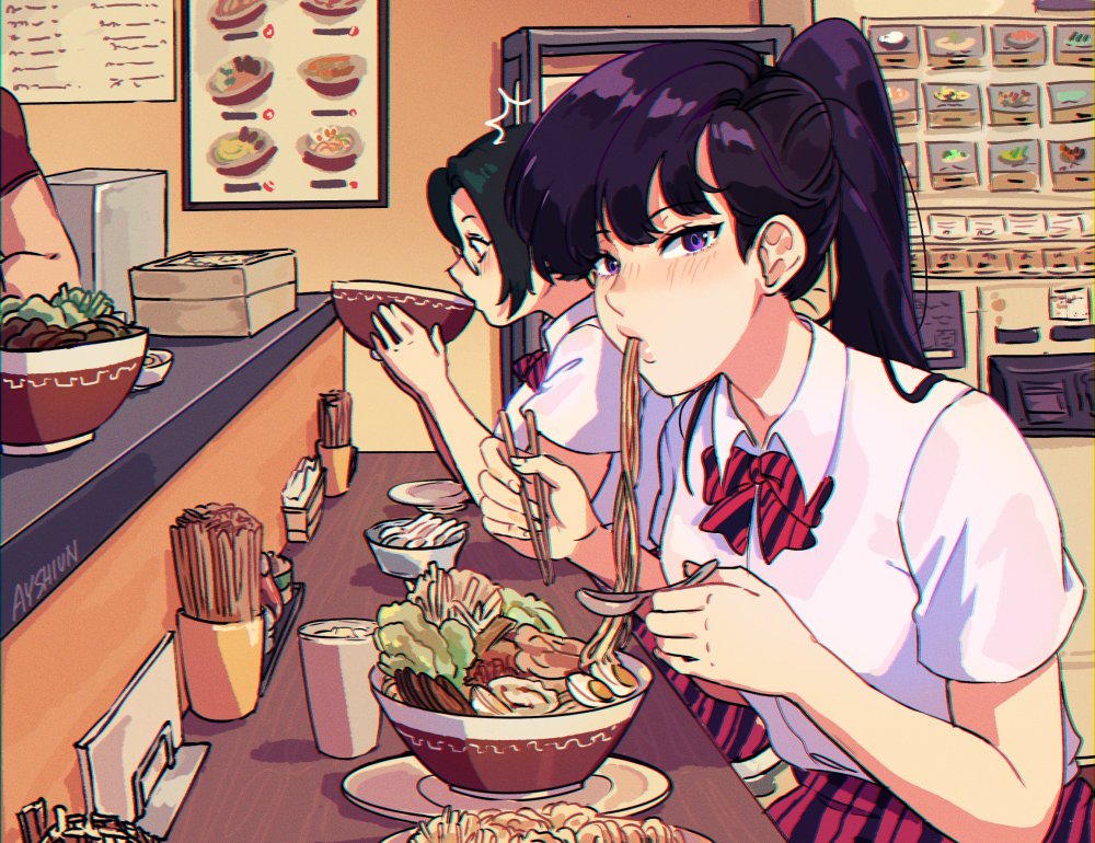 1other 2girls agari_himiko ayshiun blue_jacket bow bowtie cafe diagonal-striped_bow diagonal-striped_bowtie diagonal-striped_clothes eating glasses green_hair indoors jacket komi-san_wa_komyushou_desu komi_shouko long_hair multiple_girls purple_eyes purple_hair shirt skirt striped_bow striped_bowtie striped_clothes striped_skirt white_shirt