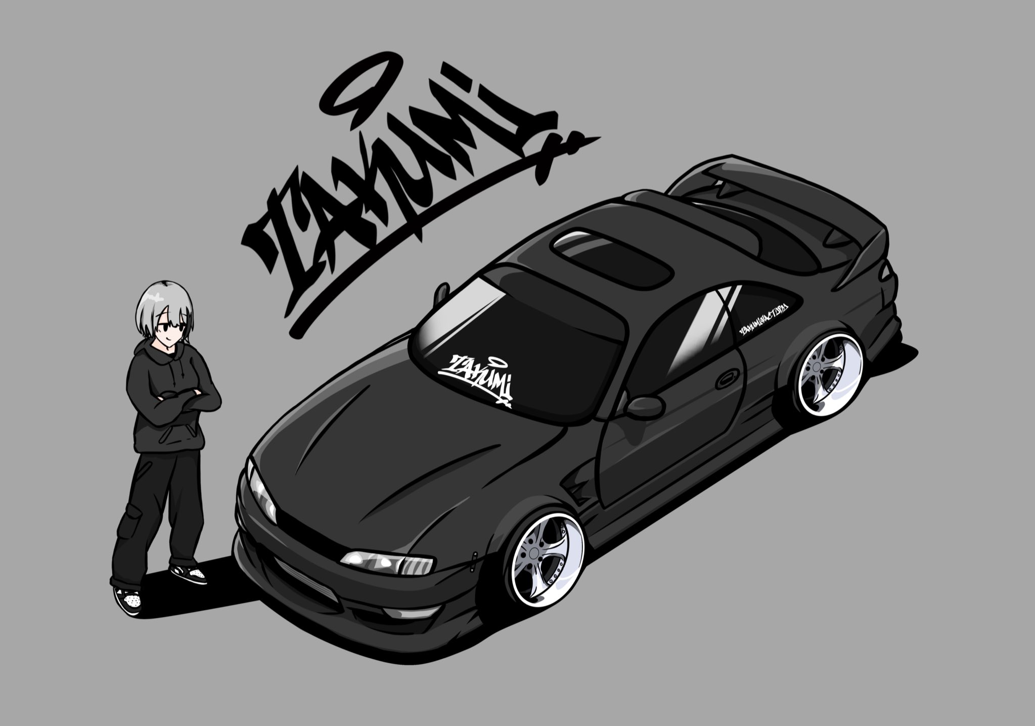 1boy artist_name black_car black_hoodie black_pants black_shoes car cargo_pants commentary crossed_arms from_above grey_background grey_hair highres hood hood_down hoodie male_focus motor_vehicle nissan nissan_silvia nissan_silvia_s14 original pants shoes short_hair simple_background smile sneakers solo spoiler_(automobile) sports_car stance_(vehicle) symbol-only_commentary takumi_japans14 vehicle_focus