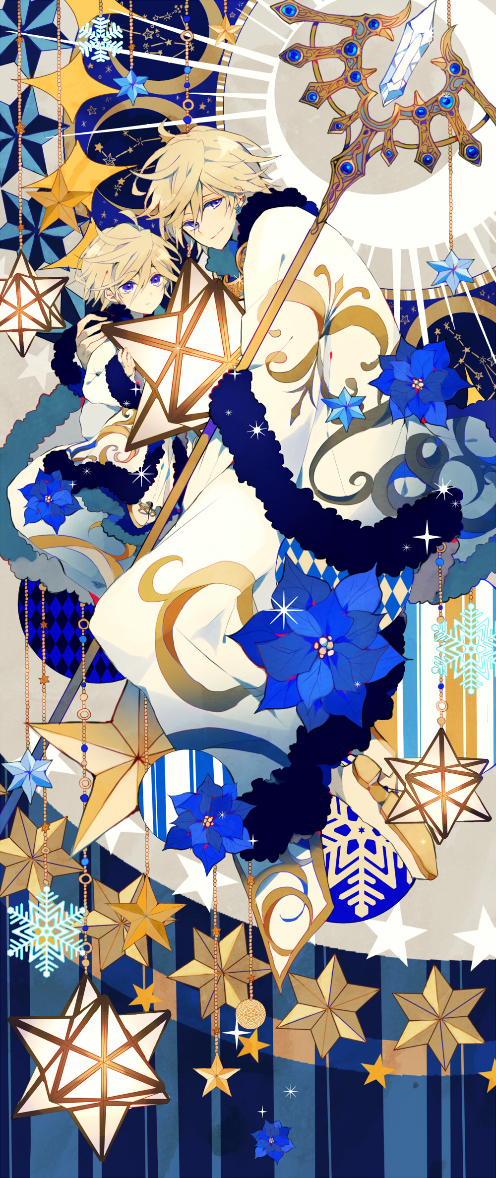 2boys blonde_hair blue_eyes brothers christmas_ornaments closed_mouth commentary_request crystal fai_d._flowright flower flower_ornament flower_request fur-trimmed_collar fur_trim gemini_(constellation) hair_between_eyes highres holding holding_staff hug long_sleeves looking_at_viewer male_focus multiple_boys parted_lips robe rope satsuki_(miicat) siblings smile snowflakes spoilers staff star_(symbol) taurus_(constellation) time_paradox tsubasa_chronicle virgo_(constellation) white_robe wide_sleeves