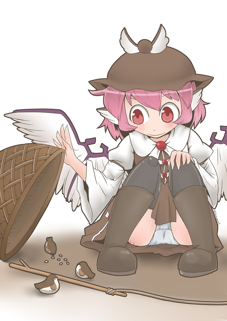 1girl animal animal_ears bird bird_ears bird_wings black_thighhighs blush boots brown_boots brown_dress brown_headwear closed_mouth dress eurasian_tree_sparrow fingernails hair_between_eyes juliet_sleeves knee_boots long_fingernails long_sleeves mystia_lorelei panties pink_hair puffy_sleeves red_eyes sharp_fingernails short_hair smile solo sparrow thighhighs touhou underwear white_panties white_wings wide_sleeves winged_hat wings zannen_na_hito
