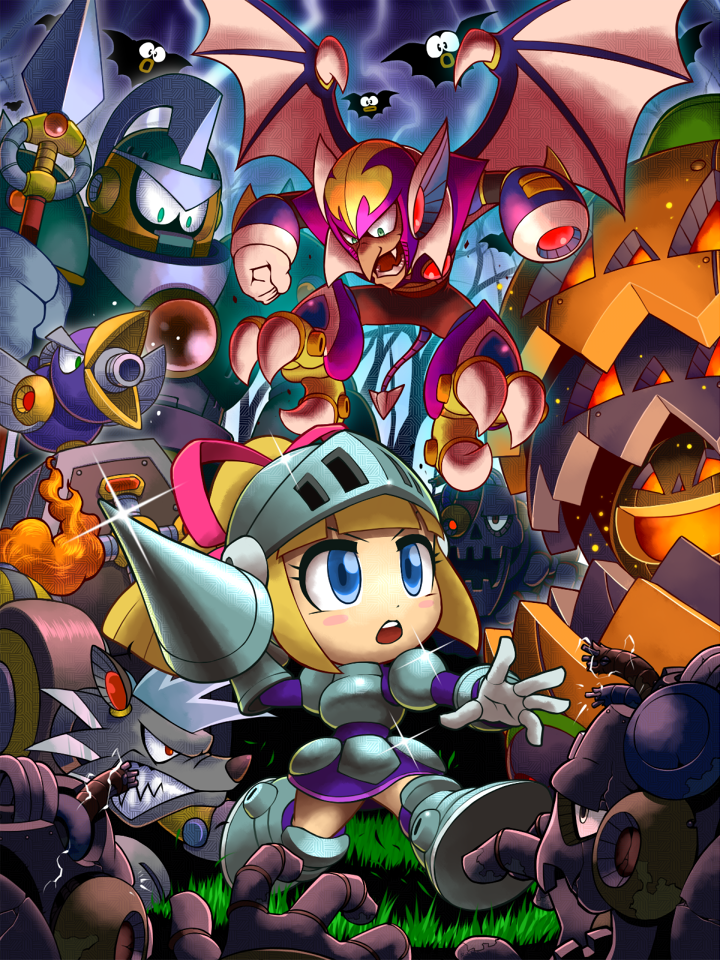1boy 1girl arm_cannon armor bat_(animal) bat_wings blonde_hair blue_eyes capcom claws crossover dress fangs flying ghost_n_goblins ghosts_n_goblins grass knight lance makaimura mega_man:_powered_up mega_man_(classic) mega_man_7 night no_humans open_mouth polearm pumpkin robot robot_girl roll_(mega_man) shade_man weapon wings wolf