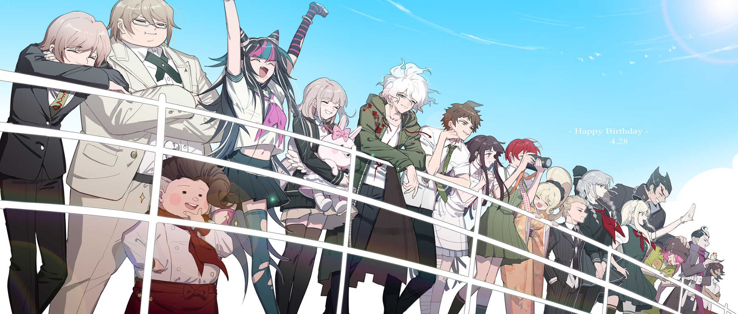 6+boys 6+girls ^_^ ahoge alternate_hairstyle angel_wings animal animal_on_hand annoyed apron arm_cutout arm_warmers arms_up asymmetrical_legwear backpack bag bandaged_hand bandaged_leg bandages beanie belt belt_buckle bird black_arm_warmers black_belt black_bow black_coat black_eyes black_hair black_hat black_jacket black_necktie black_pants black_pantyhose black_sailor_collar black_scrunchie black_shirt black_skirt black_socks black_suit black_thighhighs blazer blonde_hair blue_hair blue_skirt blue_sky blue_thighhighs blunt_bangs blush_stickers bow bracelet braid breasts brown_hair brown_jacket brown_skirt buckle buttons camera camera_around_neck chain chain_necklace chinese_commentary closed_eyes closed_mouth clothed_animal cloud coat collared_coat collared_jacket collared_shirt commentary_request cone_hair_bun crossed_arms crown_braid danganronpa_(series) danganronpa_2:_goodbye_despair danganronpa_3_(anime) dark-skinned_female dark_skin dated day denim double-breasted double_bun dress english_text everyone facial_hair fang fat fat_man feathered_wings fingernails formal_clothes glasses goatee green_dress green_eyes green_jacket green_jumpsuit green_necktie green_skirt green_vest grey_hair grey_skirt grin hair_between_eyes hair_bow hair_bun hair_ornament hair_ribbon hair_scrunchie hamster hanamura_teruteru hand_on_another's_head hand_on_hand hand_on_own_cheek hand_on_own_chin hand_on_own_face hand_on_own_hip hands_in_pockets hands_on_lap happy happy_birthday hat hat_pin head_on_arm height_difference high_collar high_ponytail highres hinata_hajime holding holding_animal holding_camera holding_rabbit hood hood_down hooded_jacket jacket japanese_clothes jeans jewelry jumpsuit kimono kneehighs knees koizumi_mahiru komaeda_nagito kuzuryu_fuyuhiko lapels large_breasts long_hair long_sleeves medium_hair messy_hair midriff_peek mini_chef_hat miniskirt mioda_ibuki mismatched_legwear mitarai_ryota multicolored_hair multiple_boys multiple_girls nanami_chiaki navel neck_ribbon neckerchief necklace necktie nidai_nekomaru notched_lapels open_clothes open_coat open_jacket open_mouth orange_kimono outdoors outstretched_arm owari_akane pants pantyhose pekoyama_peko pink_bag pink_bow pink_hair pink_neckerchief pink_ribbon pink_shirt pink_skirt pink_thighhighs pinstripe_jacket pinstripe_pants pinstripe_pattern plaid_clothes plaid_necktie pleated_skirt pocket pompadour ponytail puffy_short_sleeves puffy_sleeves purple_eyes purple_hair purple_scarf rabbit railing red_apron red_bow red_hair red_neckerchief red_necktie red_skirt ribbon sailor_collar saionji_hiyoko scarf school_uniform scrunchie serafuku sheath sheathed shirt short_dress short_hair short_sleeves sideburns simple_bird single_arm_warmer skirt skirt_set sky smile socks soda_kazuichi solid_circle_eyes sonia_nevermind streaked_hair striped_arm_warmers suit sun sun-d sweatdrop sword sword_on_back taking_picture tanaka_gundham teeth thighhighs togami_byakuya_(danganronpa_2) torn_clothes torn_thighhighs tsumiki_mikan twin_braids two-sided_fabric two-sided_jacket unagi_(nakaelric) upper_teeth_only usami_(danganronpa) very_long_hair vest waist_apron waist_bow weapon weapon_on_back white-framed_eyewear white_apron white_bird white_hair white_hat white_jacket white_ribbon white_shirt white_socks white_suit white_wings wide_sleeves winged_animal wings yukata zipper