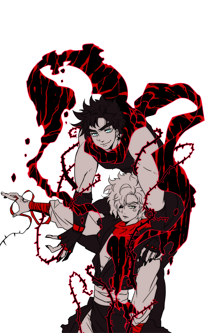 2boys aged_down alter_servant alternate_color battle_tendency black_hair blue_eyes caesar_anthonio_zeppeli command_spell fate_(series) fingerless_gloves gloves green_eyes hand_wraps hermit_purple jojo_no_kimyou_na_bouken joseph_joestar kamabo_ko mud multiple_boys outstretched_arm parody plant scarf spot_color thorns vines