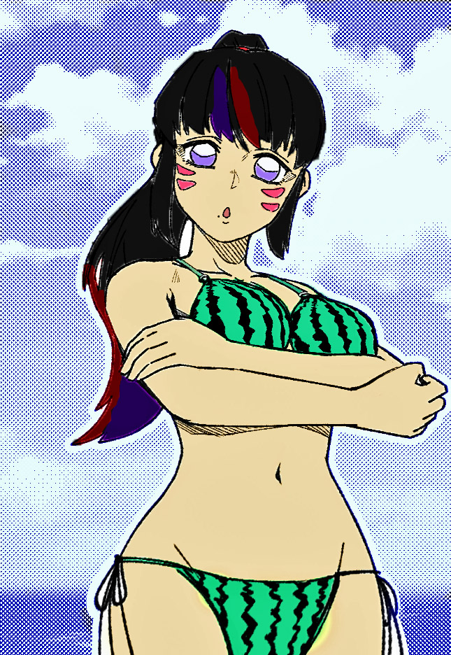 beach bikini facial_mark food_print kunimitsu_ii ninja mori_no_yousei namco ponytail_hair purple_eyes swimsuit tekken tekken_7 watermelon_print